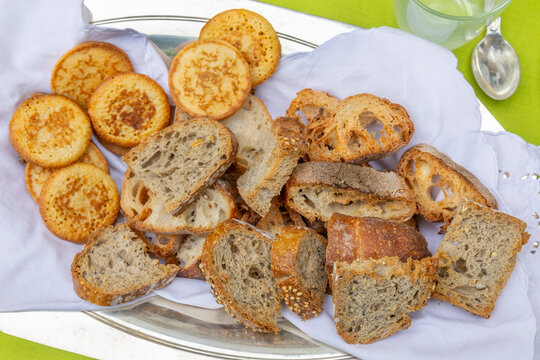 Fresh Bread and Snacks on a Silver Platter at Cafe