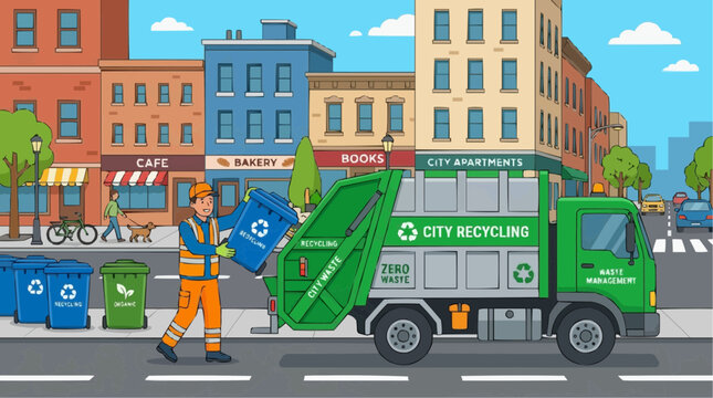 2D Flat Vector Ilustration City recycling worker collecting bins with garbage truck on urban street