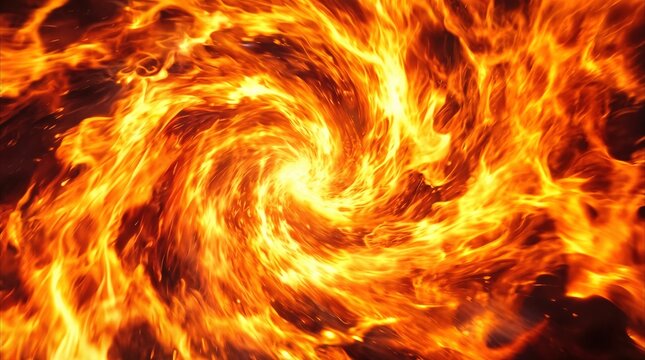 Fiery vortex of intense flames rotating in a circular motion. Abstract background of burning energy and heat.