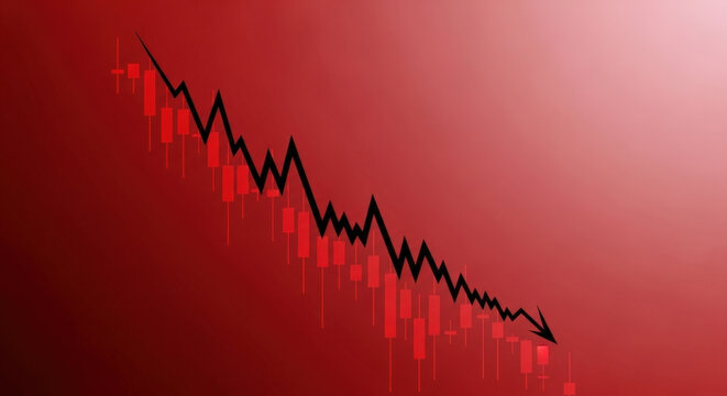 Stock Market Crash with Candlestick Chart Representing Financial Downturn Economic Recession and Bearish Trend on Red Background