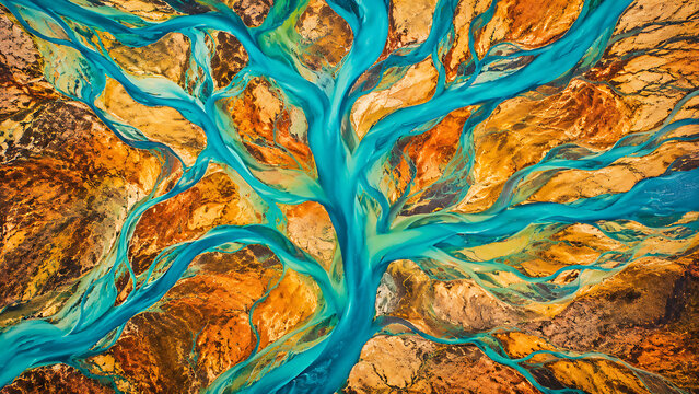 Aerial glacial river patterns, turquoise water veins on volcanic orange earth, abstract nature landscape, braided river delta texture isolated on White Background ai