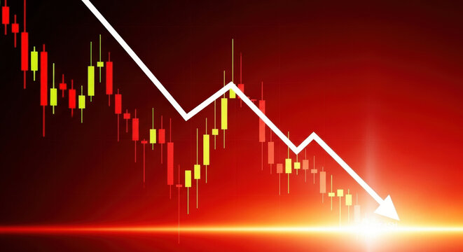 Stock Market Downtrend Business Crisis and Economic Recession Chart Graph Showing Financial Loss Bear Market Falling Stock Prices Red Background