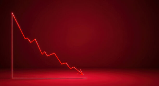 Stock Market Downturn Graph Displaying Red Line Falling Rapidly On Red Background Showing Economic Losses Representing Financial Decline