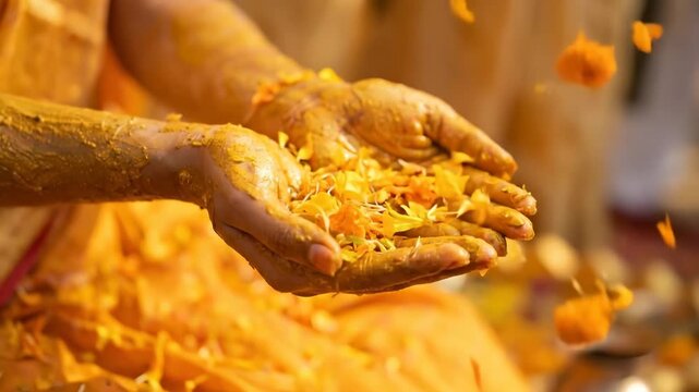 Traditional Indian Haldi Ceremony with Turmeric Paste and Falling Flower Petals