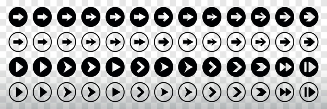 Vector set of black arrow icons in circles, various styles and directions.