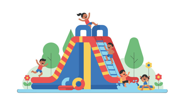 Diverse group of happy children playing on a large inflatable red and blue water slide at a sunny outdoor park during a vibrant and cheerful summer afternoon activity.