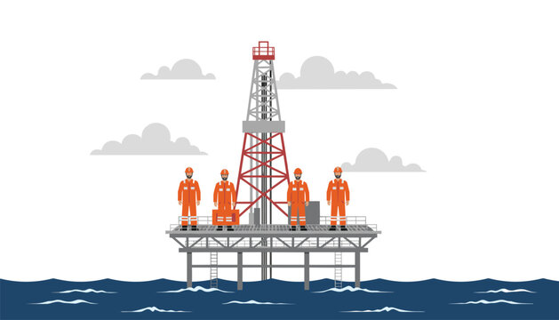 Four industrial workers in orange protective suits and hard hats stand upon an offshore drilling rig structure situated in the open blue sea under cloudy skies.