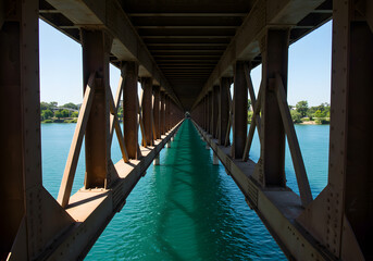 Fototapeta premium Bridge underside over water perspective