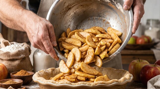 Baker pouring cinnamon spiced sliced apples from a metal bowl into a prepared pie crust