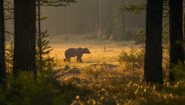 朝霧の針葉樹林でクマが光る草地を静かに歩く