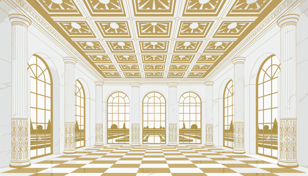 Grand classical hall interior featuring tall fluted columns and a checkered floor pattern set against a symmetrical vaulted ceiling under soft warm lighting conditions.