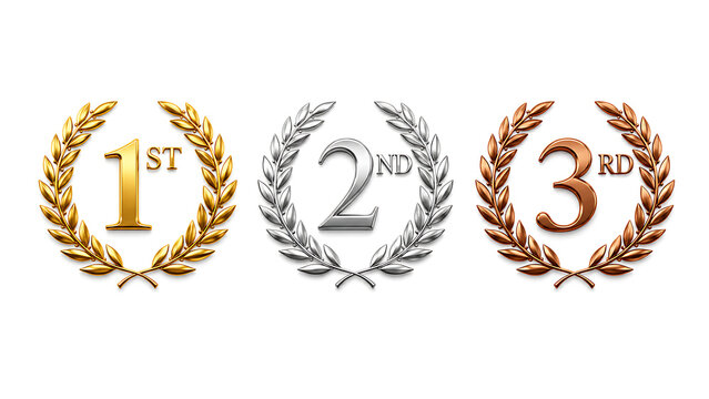 Metallic laurel wreaths for 1st 2nd and 3rd place, gold silver and bronze award symbols, champion trophy icons for sports and business isolated on White Background ai