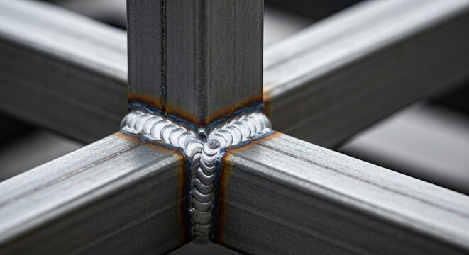 Close up view of clean industrial weld joint on steel square pipe structure frames in workshop task.