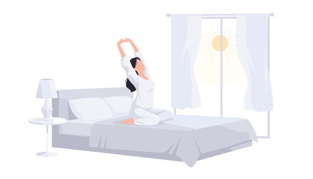 A woman sits upright on a bed wearing white pajamas while stretching her arms toward the morning sun in a minimalist bedroom setting with soft pastel color tones.