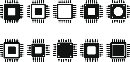 Fototapeta premium Computer Chip CPU Silhouette Icon Set, Minimalist Black Processor, Microchip, and Semiconductor Symbols Isolated on White Background