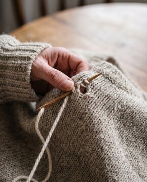 Hand darning wool sweater hole with needle macro slow fashion repair revival