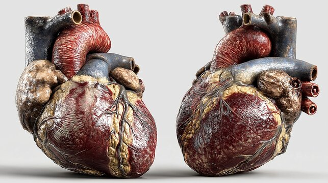 Realistic 3D model of human heart showing detailed anatomy with vessels and chambers from different angles during medical study session