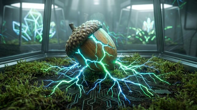 Electric Acorn Growth, glowing acorn cracking open with energy roots emerging, futuristic nature