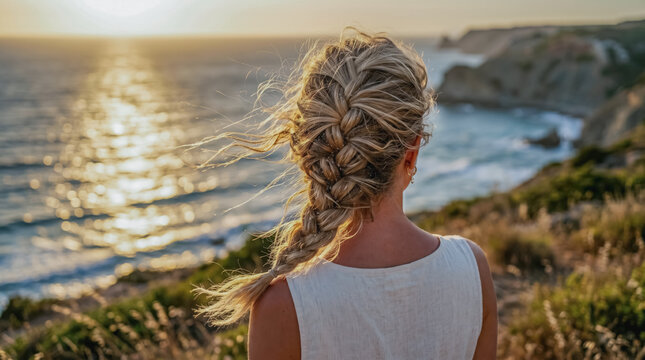 back view of a blonde woman with a beautiful french braid looking at the ocean from a cliff during golden hour sunset, representing freedom, mindful travel, and summer vacation peace