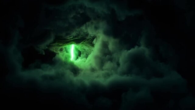 Slow motion tracking shot of green lightning beam piercing storm clouds and forming glowing vertical portal in dark night sky