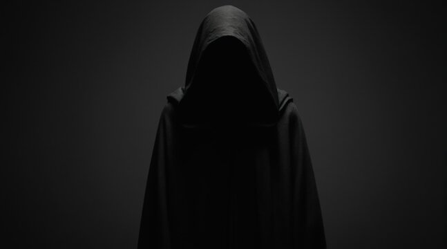 Dark hooded figure stands obscured in shadow. Mysterious person wears black cloak. Anonymous entity against black background represents fear and the unknown. Secrecy and intrigue personified.