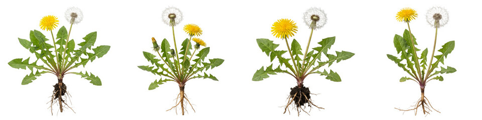 Dandelion Plant with Roots Set Isolated on White Background, Yellow Flower and Seed Head Taraxacum Officinale Collection, Botanical Herb Garden Weed Object Stock Photo © Mr