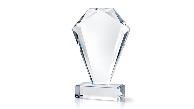 Crystal glass award trophy with geometric diamond shape, elegant clear acrylic prize for corporate recognition, modern glass plaque for business achievement isolated on White Background ai