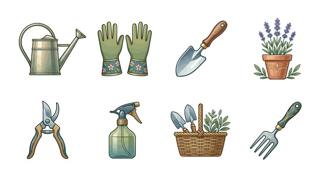 Vintage gardening tools vector set, 8 rustic garden equipment icons, hand drawn watering can and trowel illustrations for spring landscaping