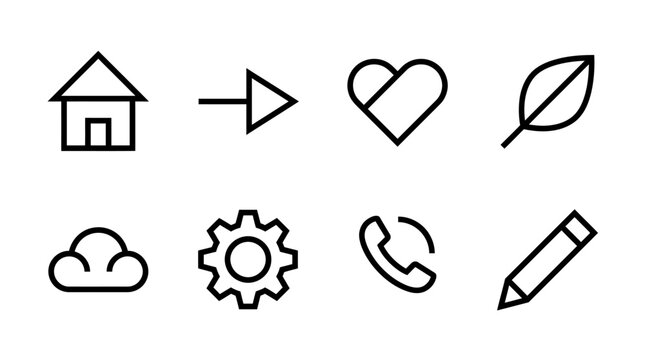 Set of simple line icons representing home, next, like, nature, cloud, settings, call, and writing tools