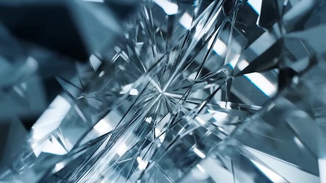 Slow motion tracking shot of crystalline glass shards rotating and reflecting light in abstract studio close up