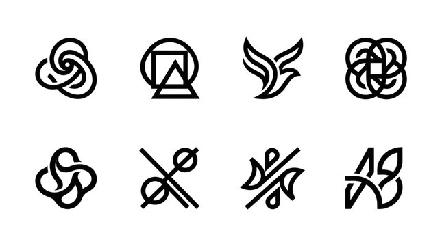 Contemporary abstract minimalist icon set featuring unique logotypes and creative graphic symbols ideal for modern branding and diverse design applications