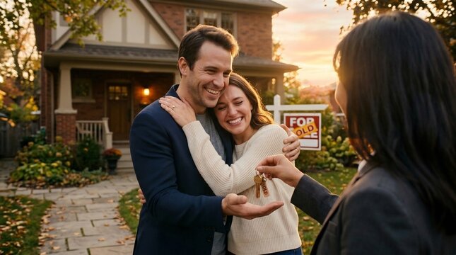 Happy couple hugging and receiving keys to their new home from a real estate agent at sunset, celebrating homeownership in front of suburban house.