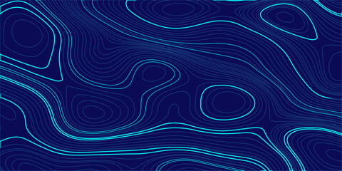 Abstract topographic map background with cyan contour lines on dark blue, digital geographic terrain pattern vector. glowing cyan or turquoise contour lines on a deep dark blue backdrop, topography © Creative Lis