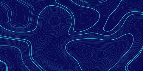 Abstract topographic map background with cyan contour lines on dark blue, digital geographic terrain pattern vector. glowing cyan or turquoise contour lines on a deep dark blue backdrop, topography © Creative Lis