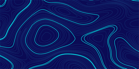 Abstract topographic map background with cyan contour lines on dark blue, digital geographic terrain pattern vector. glowing cyan or turquoise contour lines on a deep dark blue backdrop, topography © Creative Lis