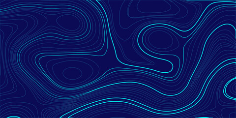 Abstract topographic map background with cyan contour lines on dark blue, digital geographic terrain pattern vector. glowing cyan or turquoise contour lines on a deep dark blue backdrop, topography © Creative Lis
