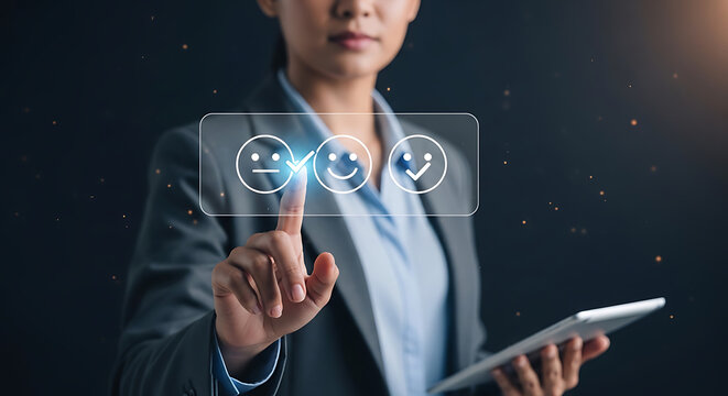 Businesswoman touching virtual screen with satisfaction rating, customer experience concept