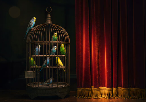 Colorful parakeets in vintage cage