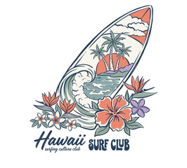 Vintage Hawaii Surf Club graphic featuring a surfboard with a tropical landscape of sunset and palm trees, surrounded by hibiscus and bird of paradise flowers on a white background. © Muhammad