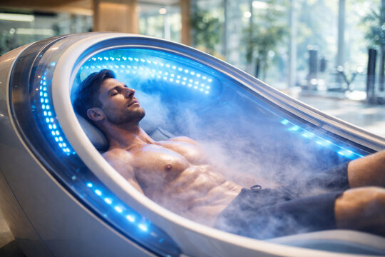 Young man relaxing in futuristic therapy chamber with vapor clou