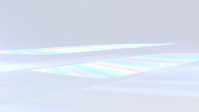 Slow motion tracking shot of iridescent light reflections sliding across glossy white panels in studio interior