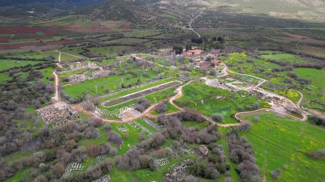 Spring views of Aphrodisias Ancient City in Aydin, T&uuml;rkiye, featuring ancient ruins, marble architecture and archaeological heritage.