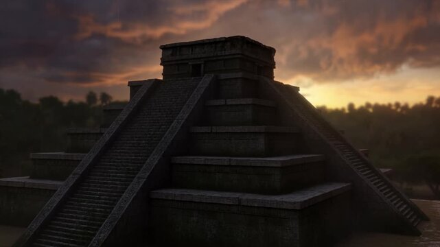 Panning shot of ancient stone pyramid with steep steps silhouetted against dense jungle sunset sky at dusk in archaeological site