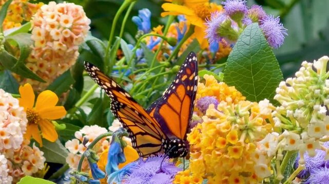 Majestic monarch butterfly fluttering among vivid flowers in a lush garden