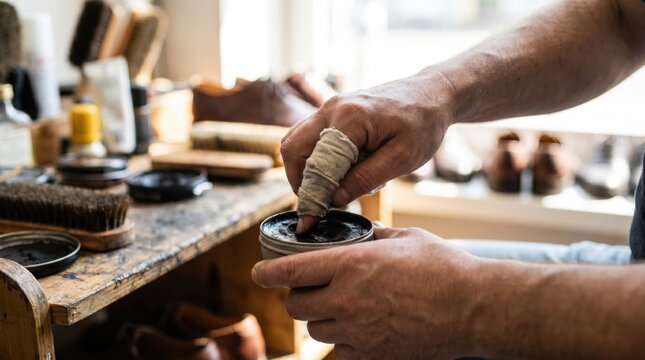 Cobbler with a bandaged finger scooping black shoe polish from a tin in a cluttered workshop
