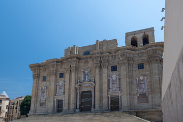 Fototapeta premium Tortosa cathedral baroque facade architecture under bright blue sky