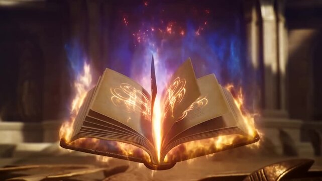 Slow motion close up of floating magical book opening with glowing runes and flames above altar inside ancient cathedral interior