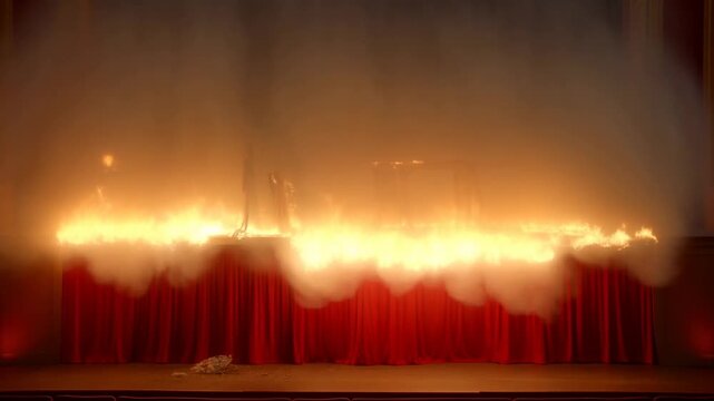 Static shot of theater stage burning as set and props ignite and flames spread across red curtains in interior auditorium