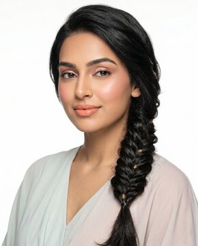young woman with a long fishtail braid and natural makeup