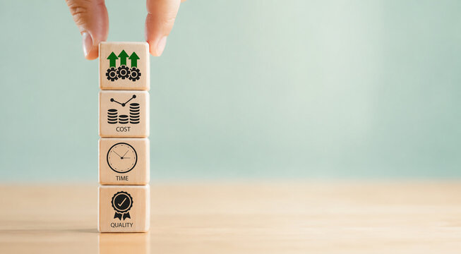 Project management triangle; Time, Quality, Cost concept. Valuable tool for prioritizing and decision making. Available time to deliver, available money or resources, fit to-purpose to be success. 